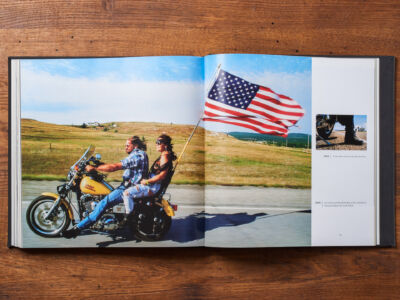 The cover of the book.
(bike, people, man, no person, travel, freedom, wood, seated, outdoors, painting, sky, child, family, landscape, flag, wear, nature, summer, adventure, woman)