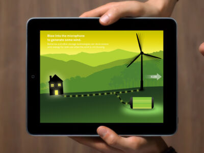 A man looks at a tablet device displaying a landscape with a river and a city.
(Blow into the microphone to generate some wind. Batteries and other storage technologies wind energy for later use when the wind is not blowing. BLOW,touch, portable, electronics, machinery, internet, technology, screen, wireless, contemporary, appliance, spherical, pill, no person, connection, nature, business, achievement, travel, navigation, telephone)
