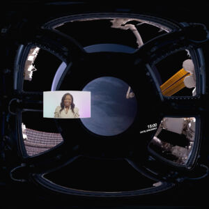 The spacecraft is seen through a window.
(15:00 UNTIL-SPACEN,vehicle, technology, light, fisheye, no person, car, science, reflection, wheel, abstract, mirror, design, transportation system, people, round, art, automotive, machine, astronomy, desktop)