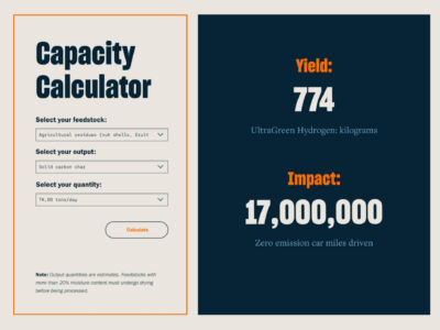 This is an example of a custom - made website.
(Capacity Yield: Calculator 774 Select your feedstock: UltraGreen Hydrogen:kilograms Agricultural residues (nut shells, fruit Select your output Solid carbon char Impact: Select your quantity TK,00 tons/day 17,000,000 Calculate Zero emission car miles driven Note: Output quantities are estimates.Feedstocks with more than 20% moisture content must undergo drying before being processed.,template, label, business, no person, navigation, banner, page, World Wide Web, designing, paper, vectors, menu (food), information, vector, design, promotion, typography, number, booklet, set)