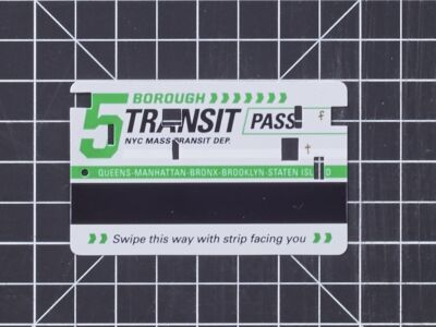 The first of the new stickers.
(BOROUGH 5 TRENSIT PASS. NYC MASSRANSIT DEP QUEENS-MANHATTAN-BRONX-BROOKLYN-STATEN ISI Swipe this way with strip facing you,business, no person, achievement, square, desktop, facts, technology, graphic design, symbol, illustration, data, designing, text, tile, arrow, progress, time, graphic, money, signalise)