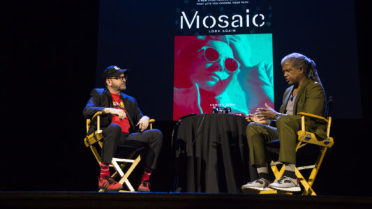 Actor and person speak onstage at the screening.
(TEETEN THAT LETS YOU CHOOSE YOUR P Mosaic LOOKAGAIN,man, music, people, performance, concert, woman, stage, theatre, recreation, singer, business, musician, technology, competition, industry, theater, accomplishment, healthcare, cooperation, festival)
